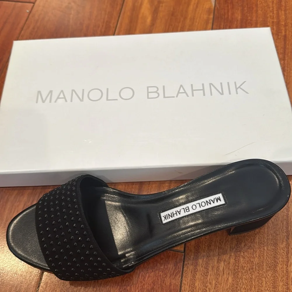 Manolo Blahnik Black Embellished Mules NWOT - Picture 2 of 8